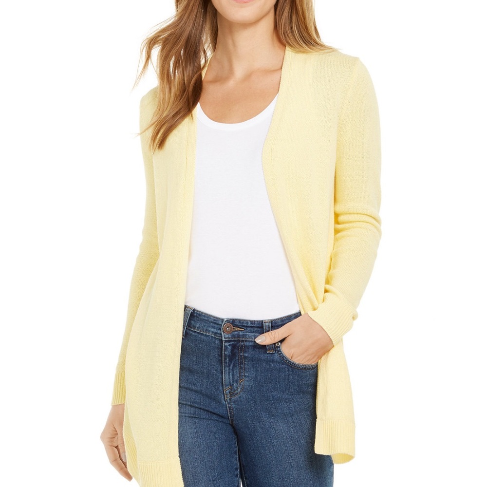 Charter Club Open Front Curved Hem Yellow Cardigan